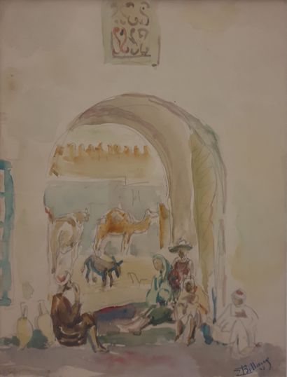 null Eugène BILLAUD (1888-1964): 

Under the Porch, 1945. 

Watercolor on paper signed...