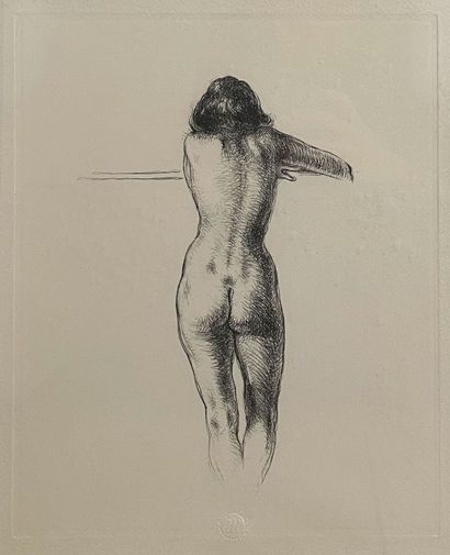 null Lot of three framed pieces including : 

- Female nude from behind, chalcography,...