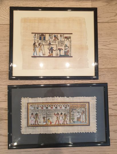 null Lot de pièces encadrées comprenant : 2 papyrus décoratifs, 2 impressions de...