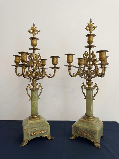 null Pair of five-light candelabras, alabaster base and shaft, gilt metal arms decorated...