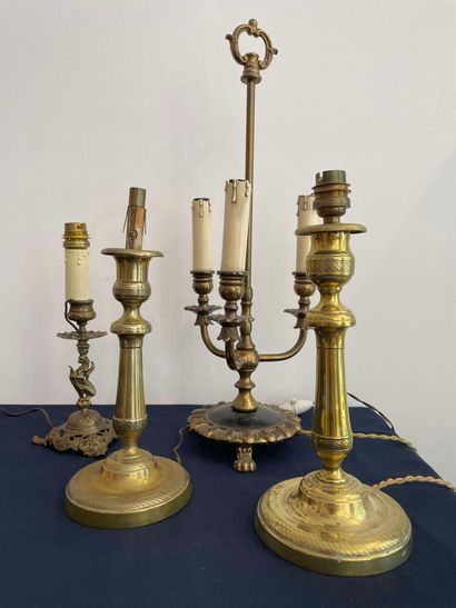 null Set of four brass table lamps, one with three lights. 

H. 51 cm, 30 cm and...