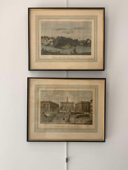 null Set of two engravings in colors representing the city of Rome. One titled "Veduta...