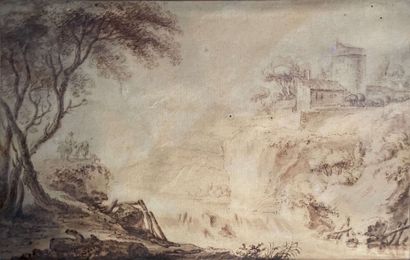 null Ecole du XVIIIème siècle : 

Paysage au hameau. 

Plume sur papier. 

37 x 22,5...