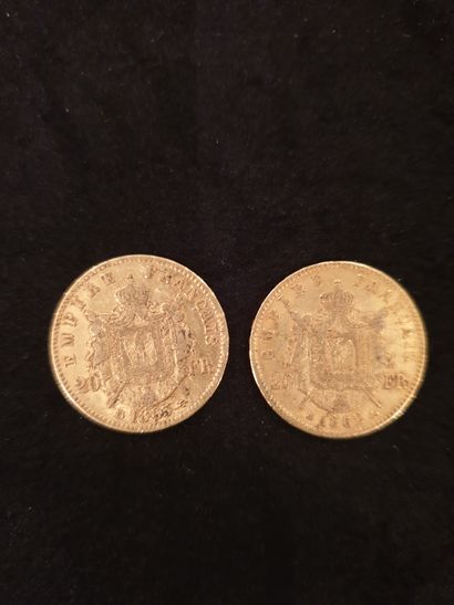 null Deux pièces de 20 francs or (900 ) Napoléon III tête laurée
1862 et 1865
Modèle...