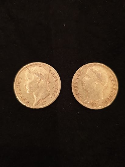 null Deux pièces de 20 francs or (900 ) Napoléon Ier tête laurée
1811 et 1814
Modèle...