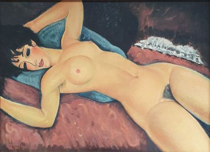 null R. HUBER (XXe siècle) : Nu allongé, d'après le "Nu rouge" de Modigliani
Huile...