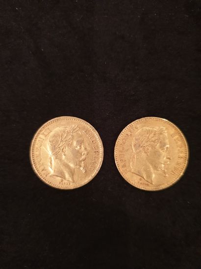 null Deux pièces de 20 francs or (900 ) Napoléon III tête laurée
1862 et 1865
Modèle...