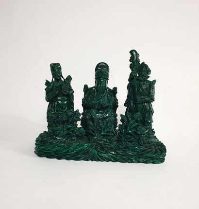 null Carved malachite group depicting an emperor seated on his throne flanked by...