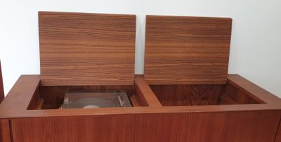 null Teak and rosewood veneered HIFI cabinet opening on the front with two curtain...