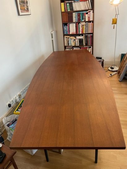 null Large dining or conference table, rectangular teak top with rounded sides, black...