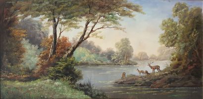 null French school, 20th century
Hinds and deer near the pond in the undergrowth
Oil...