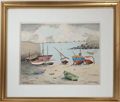 null French school, 20th century: Landscapes with beached boats at low tide
Two watercolors...