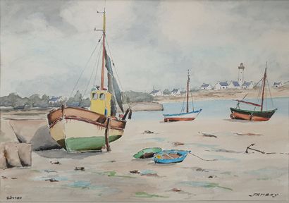 null French school, 20th century: Landscapes with beached boats at low tide
Two watercolors...
