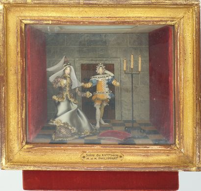 null M and M. PHILIPPART (20th century): "Scène du XVe siècle". Wooden box presenting...