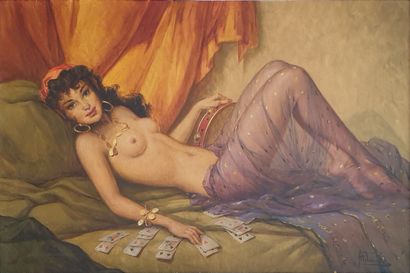 null André DAVID (20th century): 
Gypsy with tambourine and playing cards
Oil on...