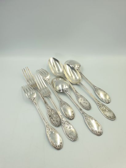 null Four pieces of 925 silver flatware with rich Art Nouveau-style flower falls...