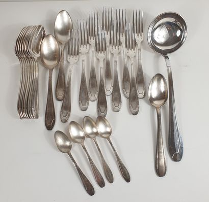 null Set of nine Art Deco-style silver-plated flatware. One ladle, two spoons and...