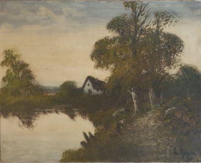 null L. HENRY (19th-20th century): 
Country landscape by a pond
Oil on canvas signed...
