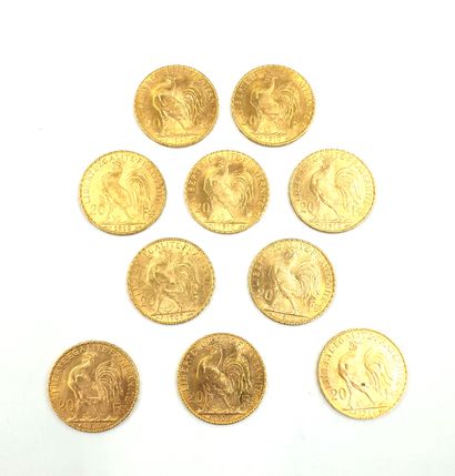 null FRANCE - 20 francs gold - Rooster & Marianne 
lot of 10 coins: 5 of 1910- 1909-1908-1912-1914-1907
Weight:...