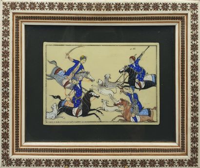 null Pair of Persian miniatures painted in gouache depicting feline hunts, signed...
