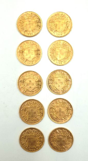 null *SWISS - 20 gold francs 
Lot of 10 coins from 1935
Weight: 64.5 g.
*Sales charge...