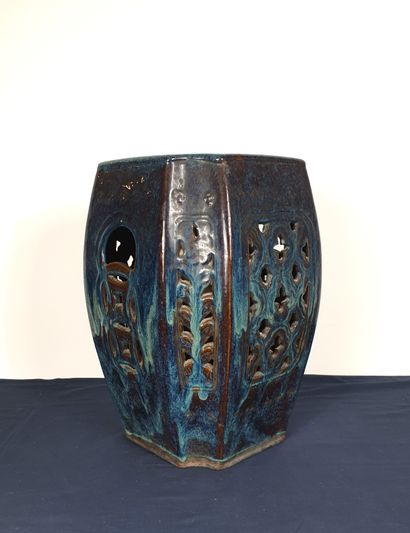 null Square-shaped side table or end of sofa in blue flamed glazed ceramic, decorated...