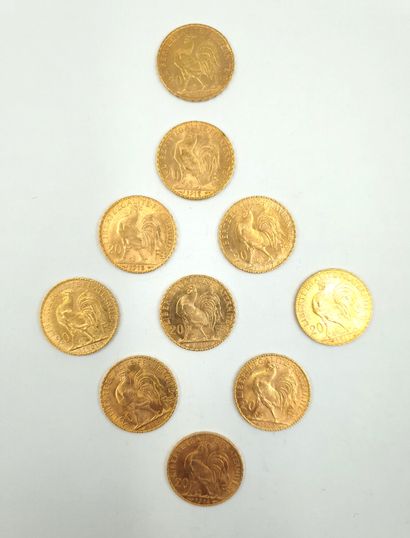null FRANCE - 20 francs gold - Rooster & Marianne
lot of 10 coins: 1910-1901-1909-1908-1912-1913-1907-1914-1904-1911
Weight:...