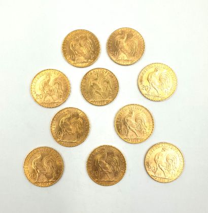 null FRANCE - 20 francs gold - Rooster & Marianne 
lot of 10 coins: 5 of 1910-3 of...