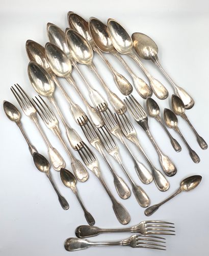 null Set of silver flatware of the double filet pattern comprising nine spoons (three,...
