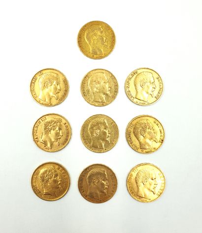 null *FRANCE - 20 gold francs - NAPOLEON III 
lot of 10 coins: 1855-1860-1868-1856-1865-1854-1855-1856-1856-1852
Weight:...