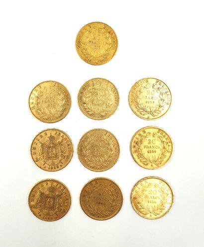null *FRANCE - 20 gold francs - NAPOLEON III 
lot of 10 coins: 1855-1860-1868-1856-1865-1854-1855-1856-1856-1852
Weight:...