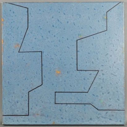 Ecole XXème Composition abstraite sur fond bleu. Huile sur toile 40 x 40 cm