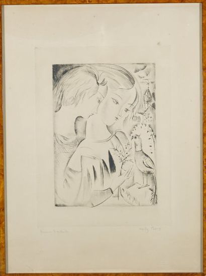 Mily POSSOZ (1888-1967) Fillettes au perroquet . Epreuve d'artiste signée au crayon...