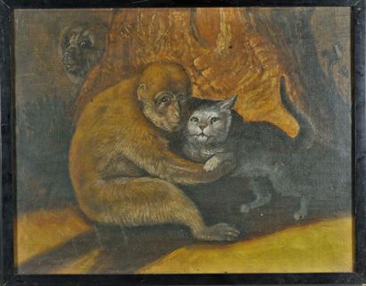 ECOLE EUROPEENNE Chat , singe et ours Huile sur toile 34.5 x 45 cm à vue