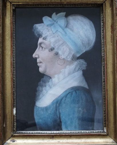 Ecole XIXème Portrait d’homme et portrait de femme de profil. Deux gouaches sur papier....