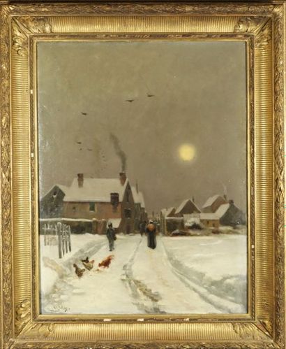 HIPPOLYTE CAMILLE DELPY (1842-1910) Paysage de neige . Huile sur panneau . 65 x 49.5...
