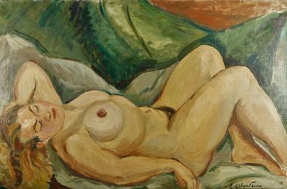 Ecole XXème Femme nue allongée. Huile sur toile 59 x 92 cm