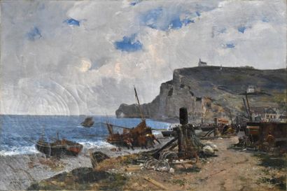 Gaston ROULLET (1847-1925) Etretat, 1883
Huile sur toile
Signe?e en bas a? gauche...