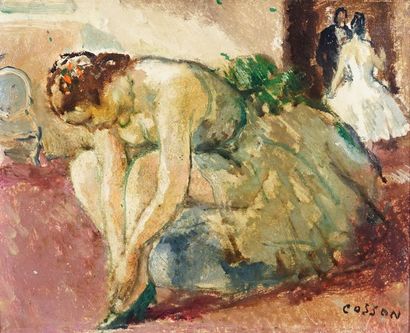 Marcel COSSON (1878-1956) Danseuse mettant sa bottine 
Huile sur bois
Signe?e en...