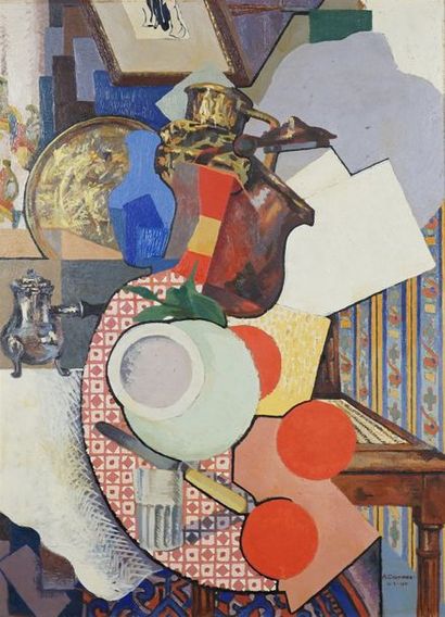 Alfred Courmes (1898-1993) Nature morte avec beaucoup d'objets, 1921 Huile sur carton
Signe?e...