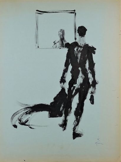 René GRUAU (1909-2004) COSTUME DE THÉÂTRE Encre sur papier bleu. Signée au stylo...