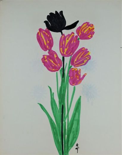 René GRUAU (1909-2004) BOUQUET DE TULIPES Feutre sur papier . Signé en bas - Tampon...