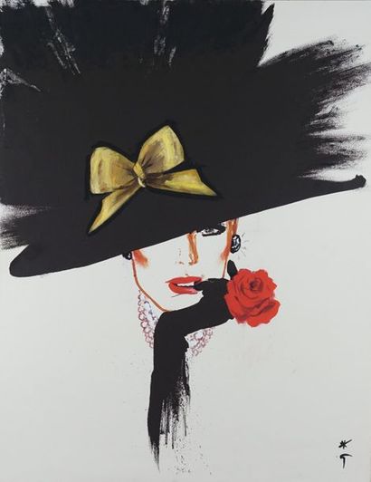 René GRUAU (1909-2004) FEMME AU CHAPEAU AVEC UN NOEUD JAUNE. Vers 1988 Fond lithographié...