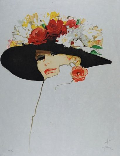 René GRUAU (1909-2004) FEMME AU CHAPEAU FLEURI Lithographie sur papier Japon. Signée...