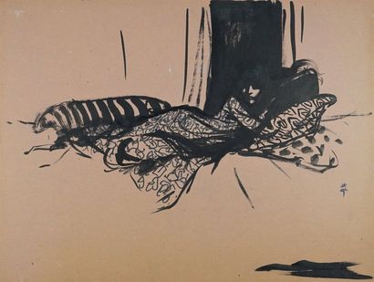 René GRUAU (1909-2004) FEMME ALANGUIE Encre sur carton. Signée et annotée au dos...