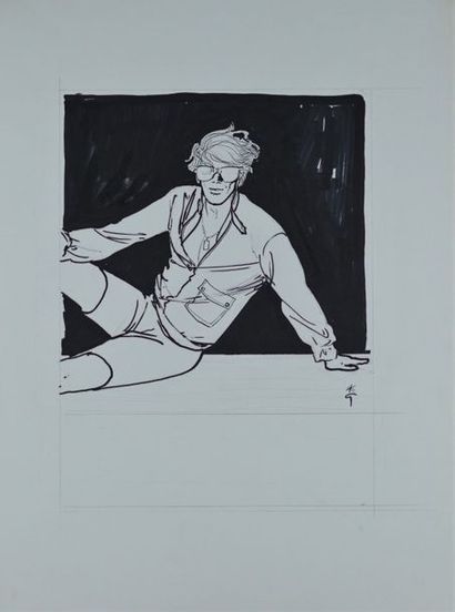 René GRUAU (1909-2004) HOMME AUX LUNETTES DE SOLEIL. Feutre et encre sur papier Signé...