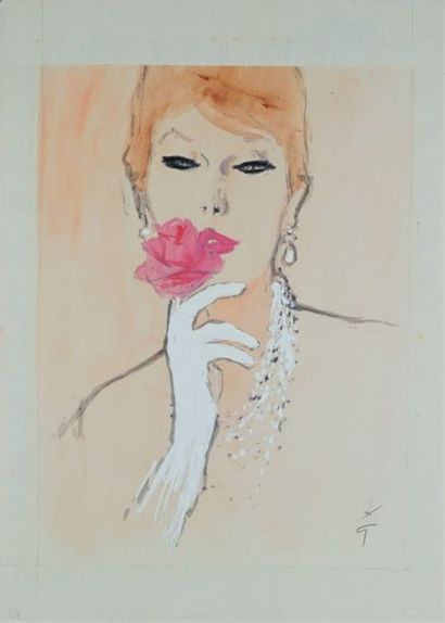 René GRUAU (1909-2004) FEMME À LA ROSE Gouache et aquarelle sur papier. Signée en...