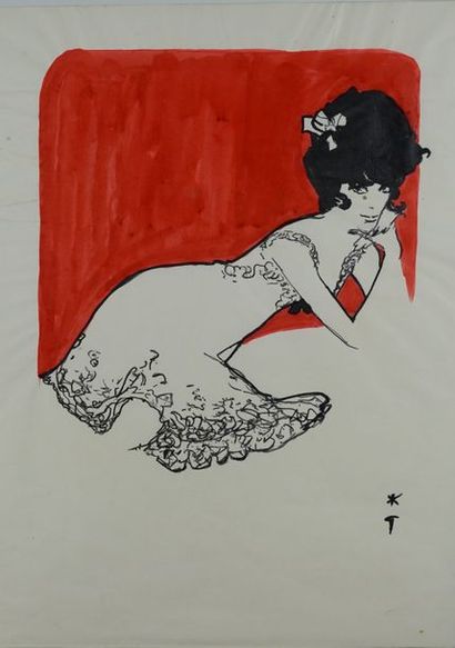 René GRUAU (1909-2004) FEMME ACCOUDEE Aquarelle encre et feutre sur papier . Signé...