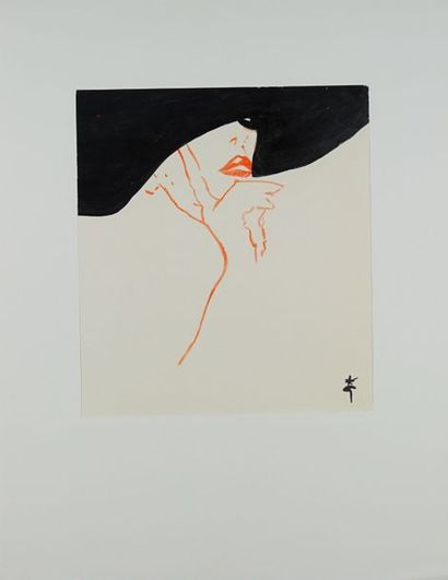 René GRUAU (1909-2004) FEMME AU CHAPEAU NOIR Crayon et peinture sur papier. Signé...