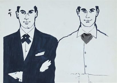 René GRUAU (1909-2004) MODE HOMME - DEUX HOMMES Feutre, rehauts de gouache et collage...